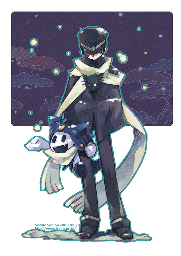sanjou sorata, gouto, jack frost (megami tensei), kuzunoha raidou, atlus, devil summoner (series), persona, raidou kuzunoha vs the soulless army, black hair, cape, cat, hat, male focus, scarf, school uniform, serafuku, shako cap, short hair, snow, solo