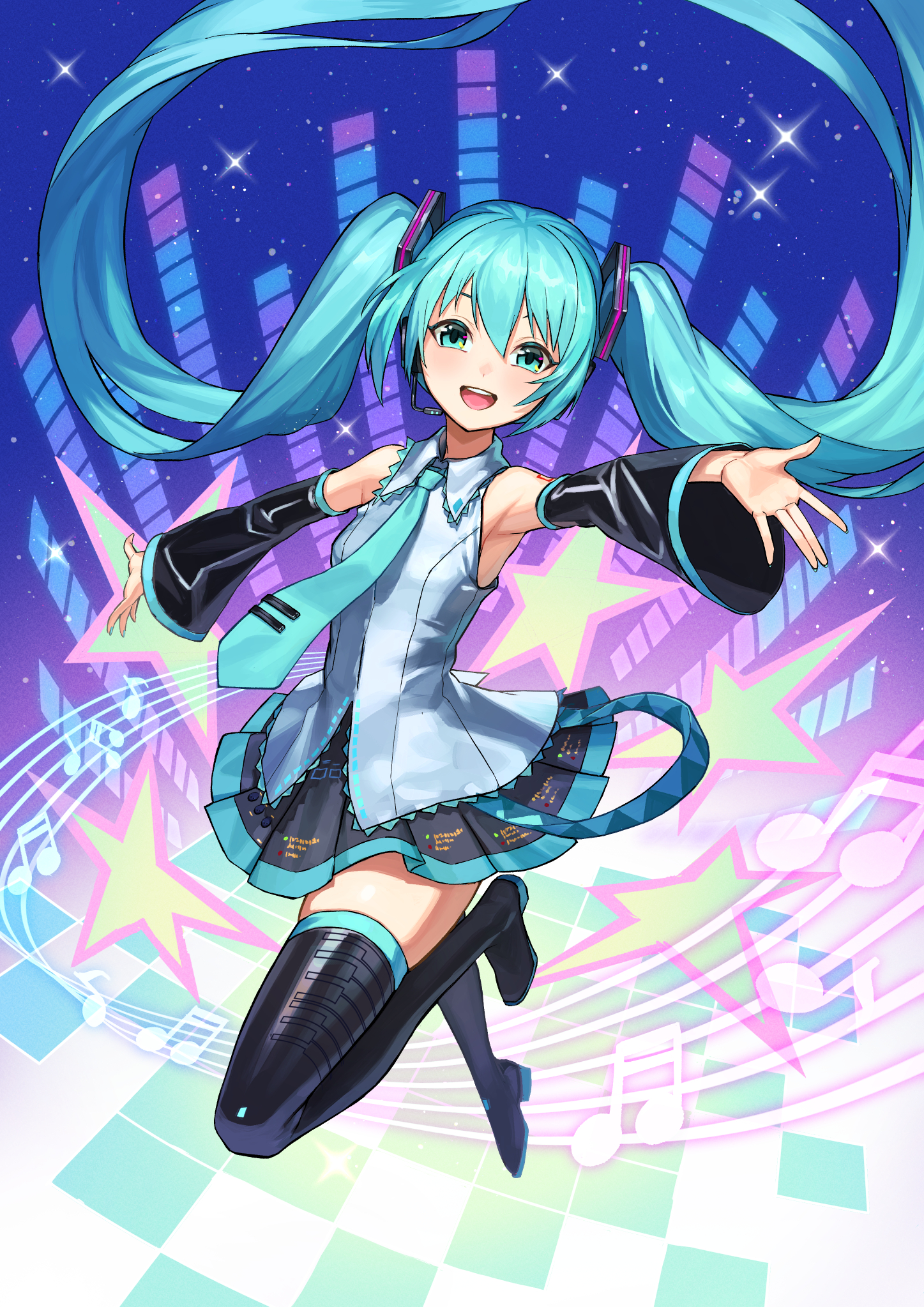 kizaminori, hatsune miku, vocaloid, commentary, highres, 1girl, aqua eyes, aqua hair, aqua nails, aqua necktie, aqua trim, armpits, black skirt, blush, boots, breasts, collared shirt, detached sleeves, grey shirt, hair between eyes, hair ornament, headset, long hair, long sleeves, looking at viewer, miku day, musical staff, necktie, pleated skirt, shirt, skirt, sleeveless, sleeveless shirt, small breasts, smile, solo, thick thighs, thigh boots, thighs, very long hair, wide sleeves