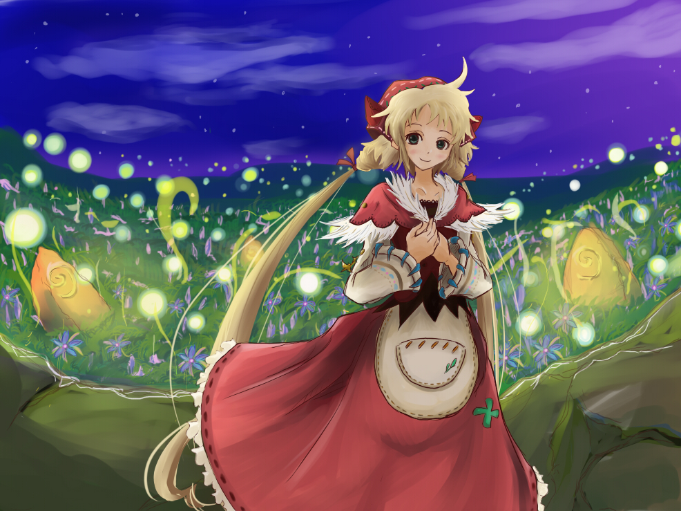 polka (trusty bell), trusty bell, 1girl, blonde hair, dress, female focus, flower, long hair, solo, twintails