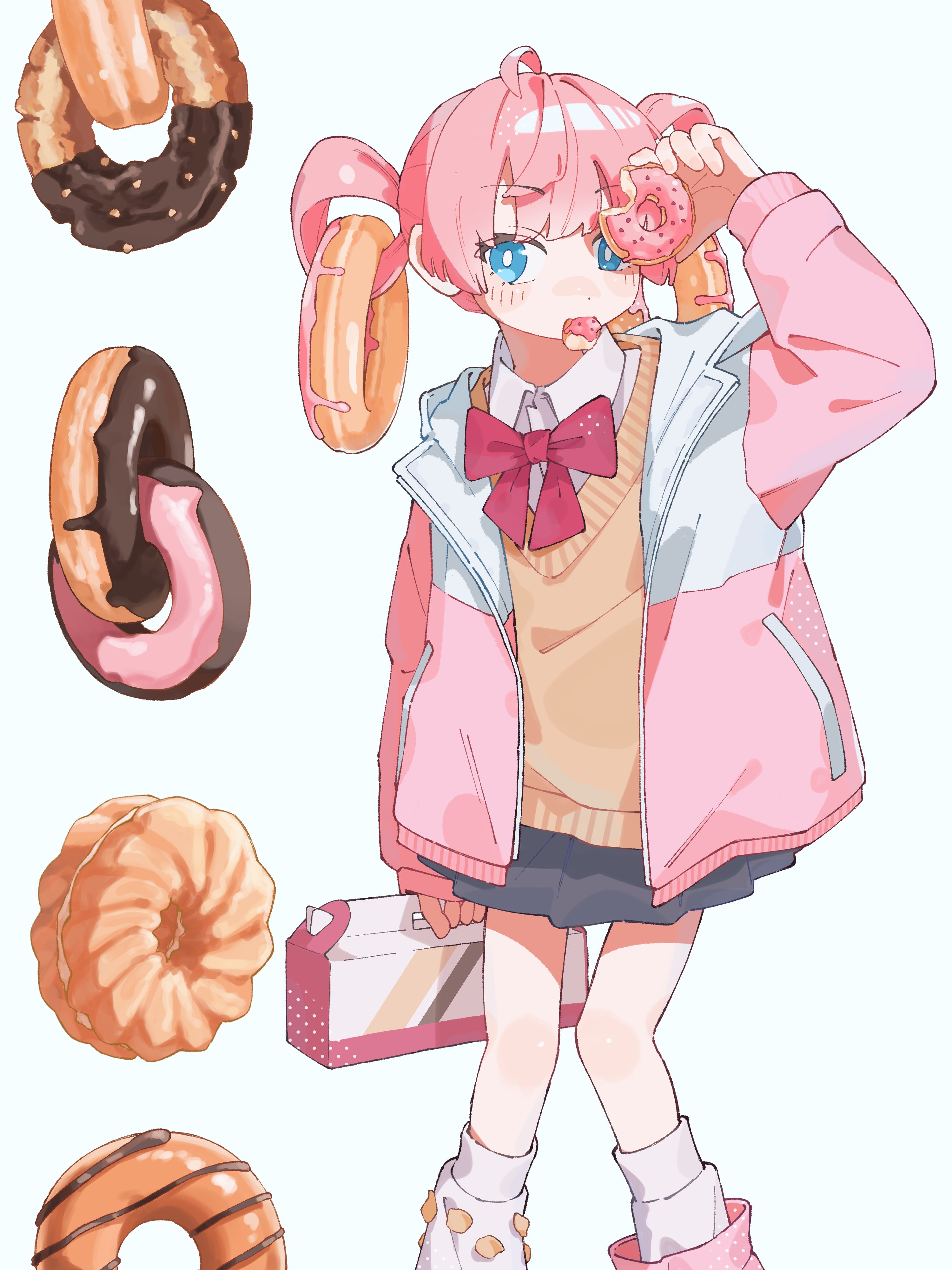 nanoni!, original, absurdres, highres, 1girl, ahoge, black skirt, blue eyes, blush stickers, bright pupils, brown sweater, collared shirt, donut, feet out of frame, food, food in hair, hair rings, holding, holding food, jacket, long sleeves, looking at viewer, open clothes, open jacket, pink hair, pink jacket, pleated skirt, school uniform, shirt, short hair, simple background, skirt, socks, solo, standing, sweater, white background, white pupils, white shirt, white socks