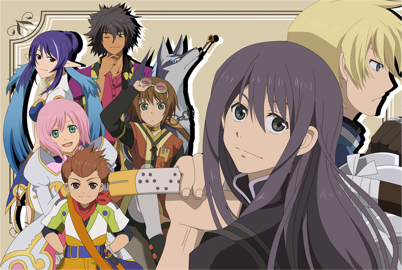 estellise sidos heurassein, flynn scifo, judith (tales), karol capel, raven (tales), repede (tales), rita mordio, yuri lowell, tales of (series), tales of vesperia, official art, 00s, 3girls, 4boys, armor, black eyes, black hair, blonde hair, blue hair, brown hair, gloves, green eyes, kiseru, long hair, multiple boys, multiple girls, pink hair, pointy ears, purple eyes, short hair, smoking pipe, sword, weapon