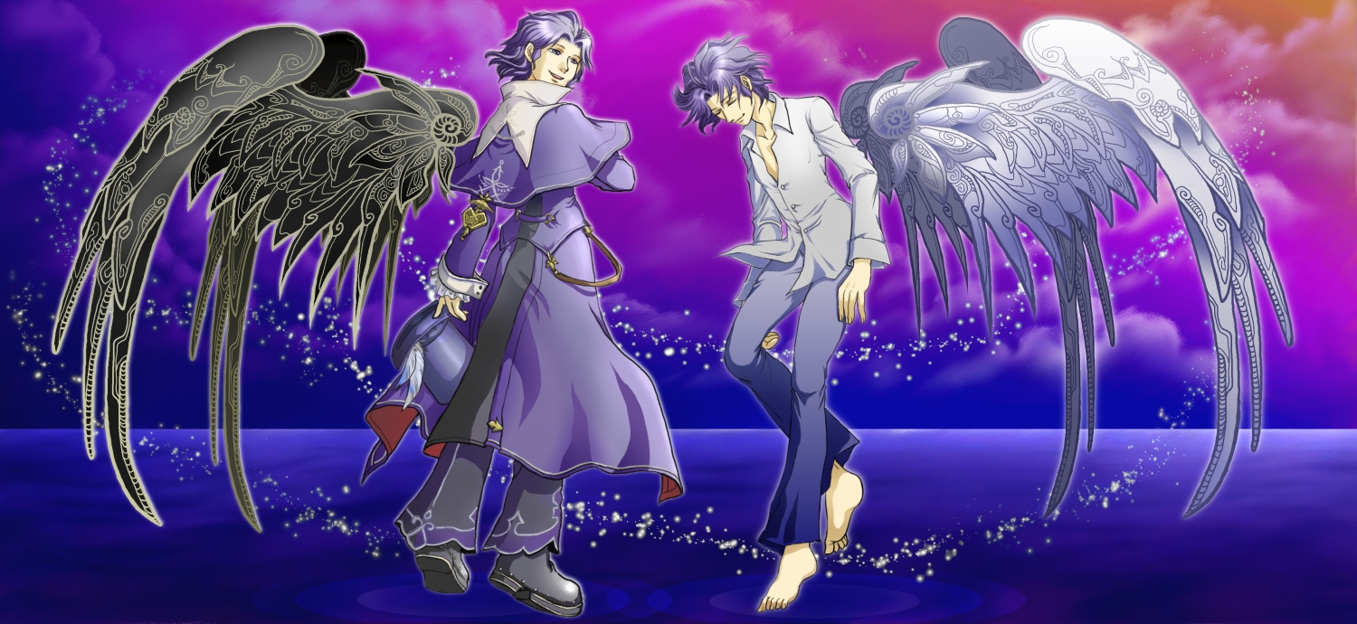 frederic chopin (trusty bell), trusty bell, 2boys, ascot, barefoot, dress shirt, dual persona, feet, formal clothes, hat, male focus, multiple boys, shirt, wings