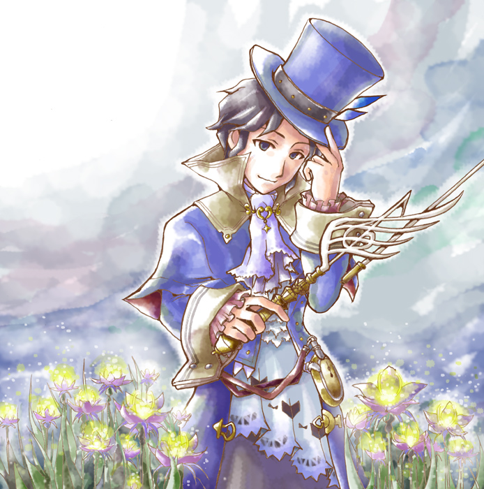 frederic chopin (trusty bell), trusty bell, 1boy, ascot, black hair, flower, formal clothes, hat, male focus, outdoors, sky, solo