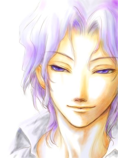 frederic chopin (trusty bell), trusty bell, light purple hair, 1boy, closed mouth, light rays, looking at viewer, male focus, purple eyes, simple background, solo, white background