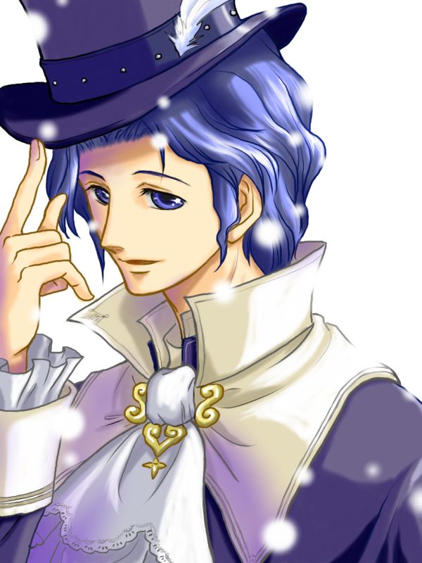 frederic chopin (trusty bell), trusty bell, 1boy, ascot, blue hair, formal clothes, hat, male focus, solo