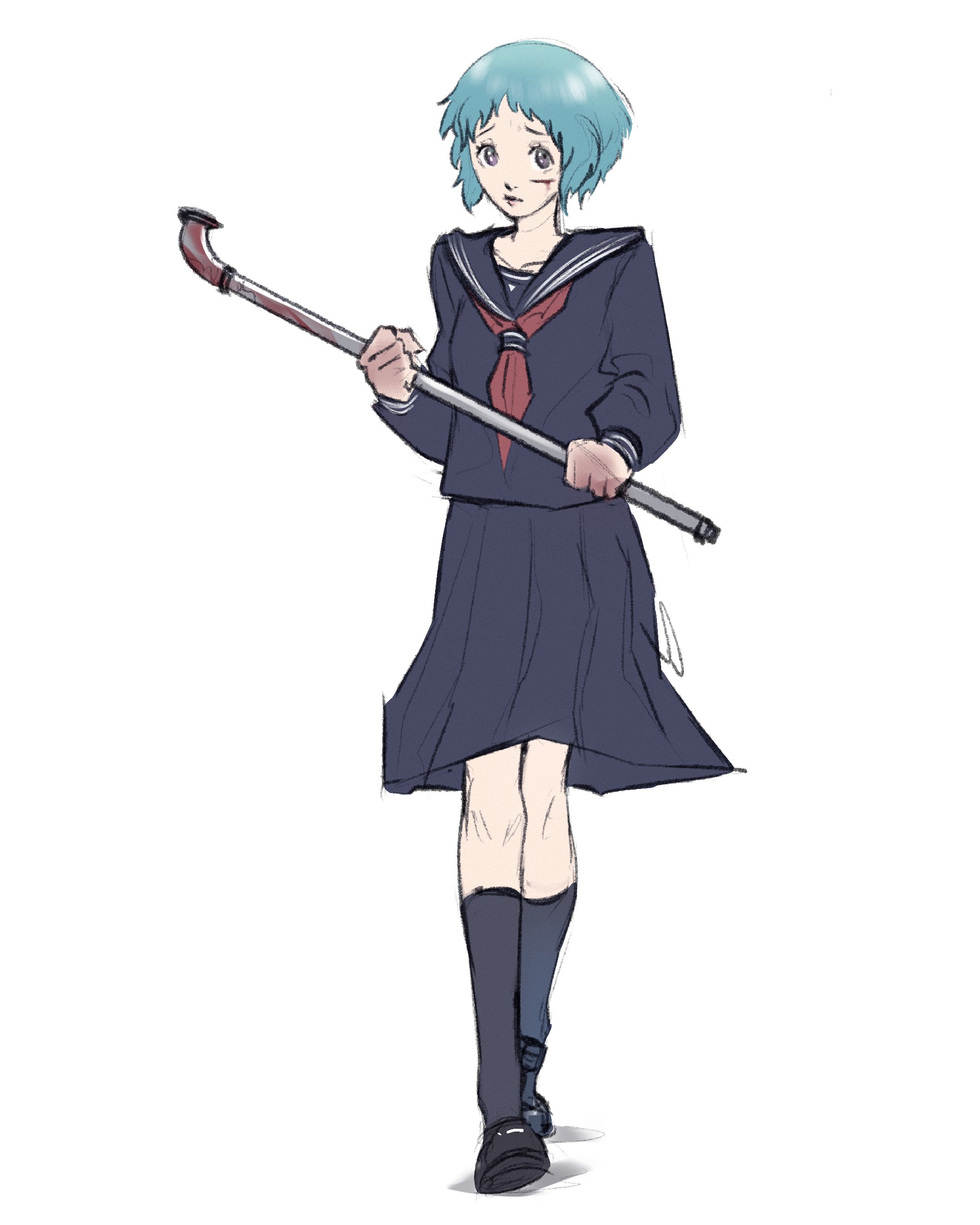 xeeoh, shimizu hinako, yamagishi fuuka, persona, persona 3, silent hill (series), silent hill f, absurdres, highres, 1girl, black sailor collar, black serafuku, black shoes, black skirt, black socks, blood, blood on face, blue hair, bruise, bruise on face, closed mouth, full body, holding, holding lead pipe, injury, kneehighs, lead pipe, loafers, neckerchief, purple eyes, red neckerchief, sailor collar, school uniform, serafuku, shoes, short hair, skirt, socks, solo, suzie yeung, voice actor connection, walking