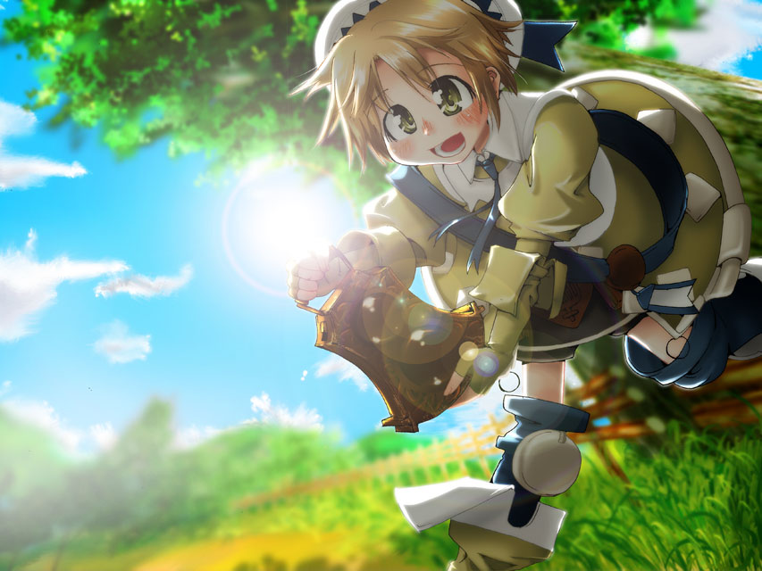 beat, beat (trusty bell), trusty bell, 1boy, :d, blush, day, dutch angle, field, green eyes, long sleeves, male focus, open mouth, outdoors, plant, running, smile, solo, sun, sunlight, tree