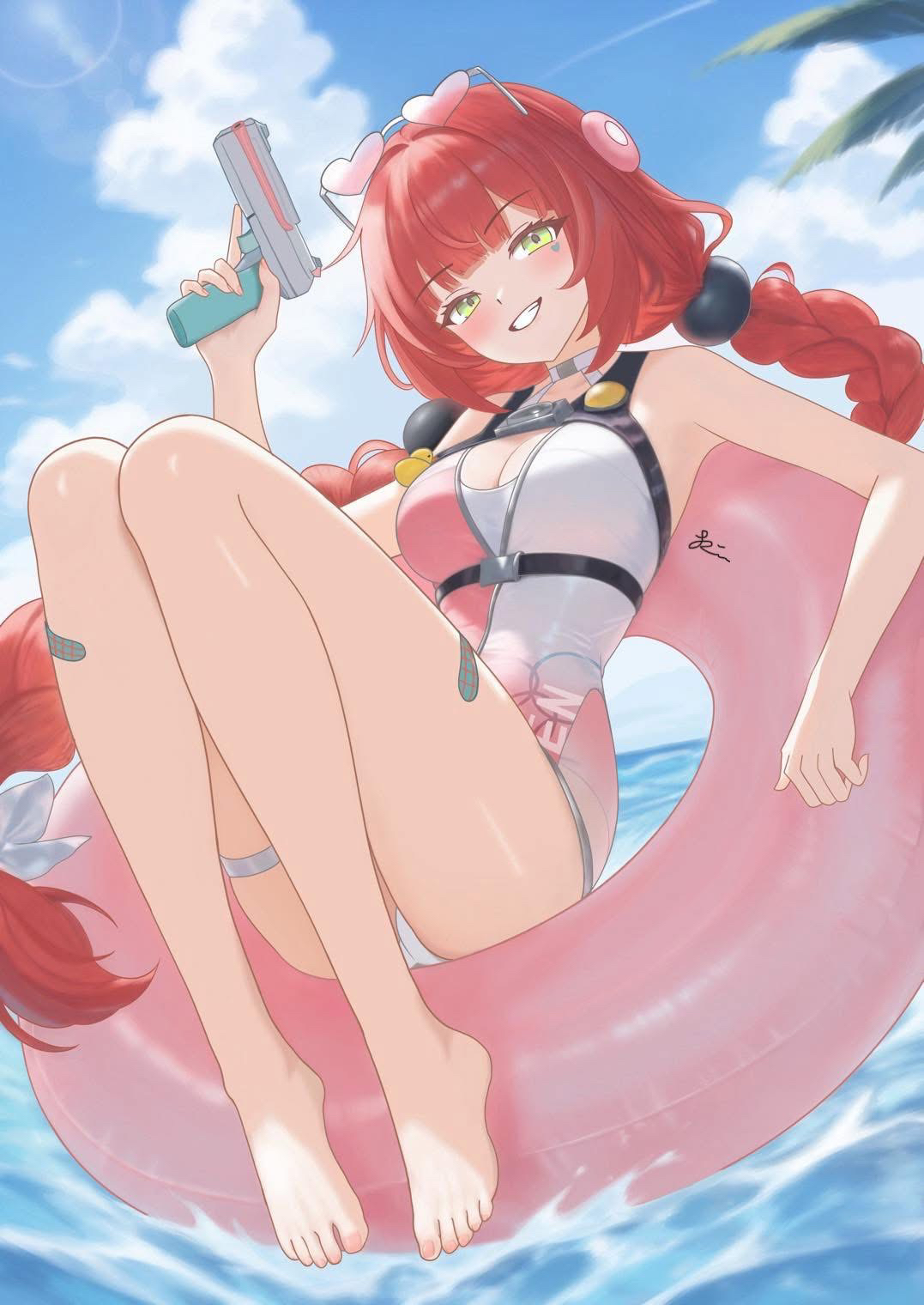 rin (rin0214tw), ukinami yuzuha, ukinami yuzuha (tanuki in broad daylight), zenless zone zero, braided twintails, highres, 1girl, afloat, bare legs, barefoot, blush, braid, breasts, camera, camera around neck, cleavage, dress swimsuit, eyewear on head, facial mark, feet, green eyes, hair ornament, hearing aid, heart, heart-shaped eyewear, heart facial mark, holding, holding water gun, innertube, long hair, looking at viewer, low twin braids, nail polish, ocean, official alternate costume, on innertube, one-piece swimsuit, outdoors, pink innertube, pink one-piece swimsuit, red hair, sitting, smile, solo, sphere hair ornament, swim ring, swimsuit, thigh strap, toenail polish, toenails, toes, twin braids, twintails, two-tone one-piece swimsuit, very long hair, water, water gun, white one-piece swimsuit
