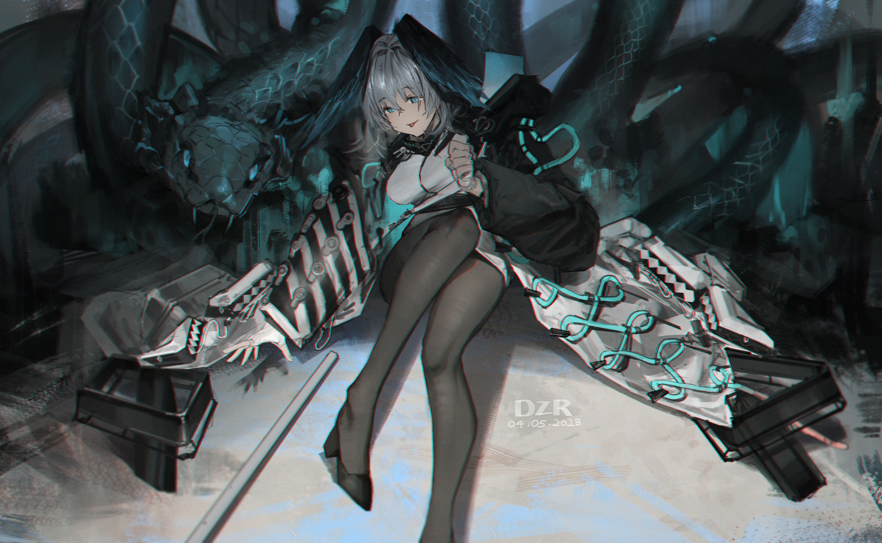 danzir, ho'olheyak (arknights), arknights, chinese commentary, commentary request, highres, 1girl, animal, black pantyhose, blue eyes, blue feathers, breasts, coat, dress, feathered wings, feathers, fingerless gloves, gloves, grey hair, hair between eyes, head wings, high heels, large breasts, long sleeves, looking at viewer, open clothes, oversized animal, pantyhose, smile, snake, solo, tongue, tongue out, white dress, white gloves, wings