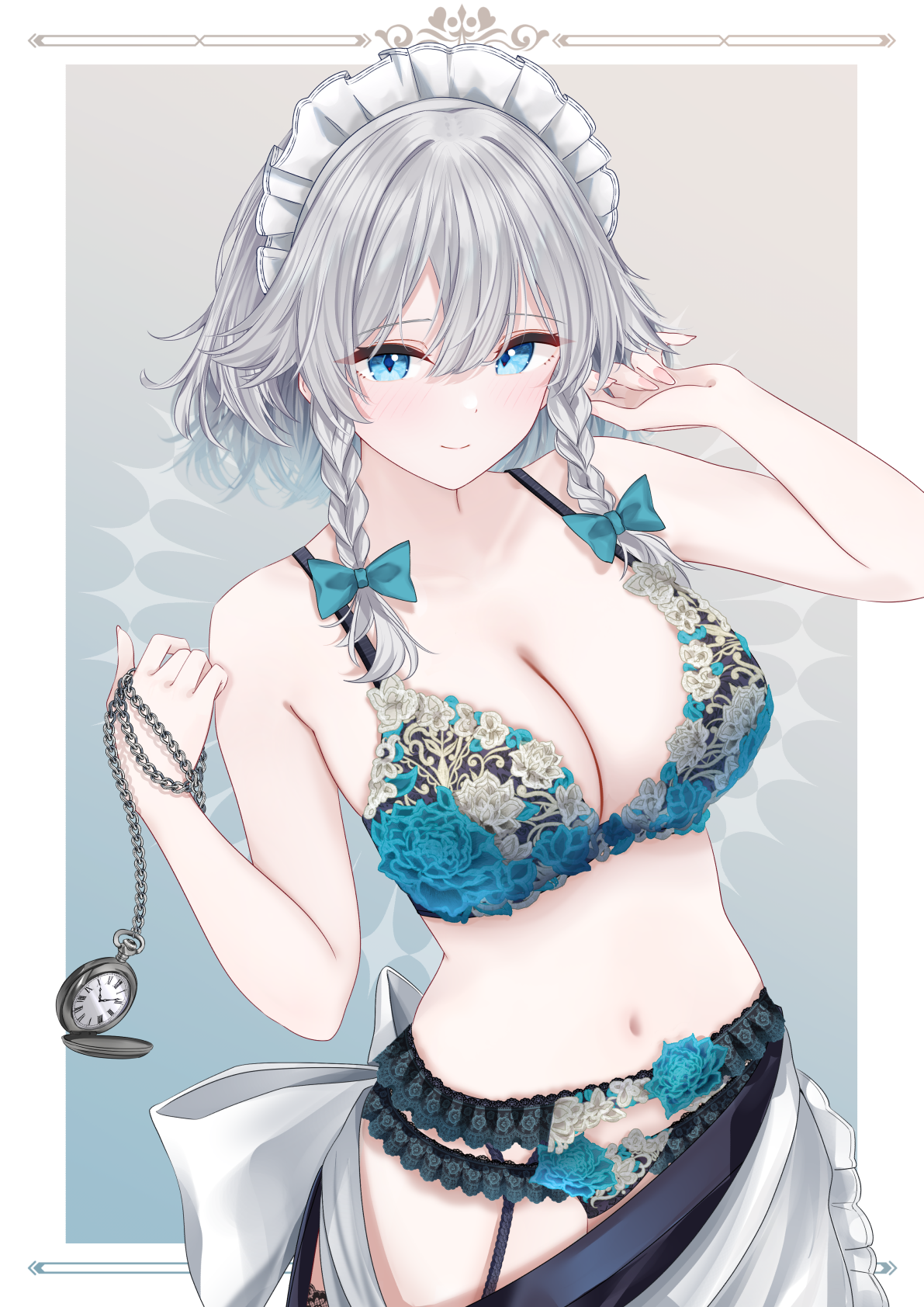 sarasadou dan, izayoi sakuya, touhou, commentary request, highres, partial commentary, 1girl, aqua bow, aqua bra, aqua panties, bare arms, black garter belt, blue eyes, blush, bow, bra, braid, braided sidelocks, breasts, cleavage, clothes pull, embroidered bra, fingernails, garter belt, grey hair, hair bow, large breasts, lingerie, looking at viewer, maid headdress, navel, panties, skirt, skirt pull, smile, solo, underwear