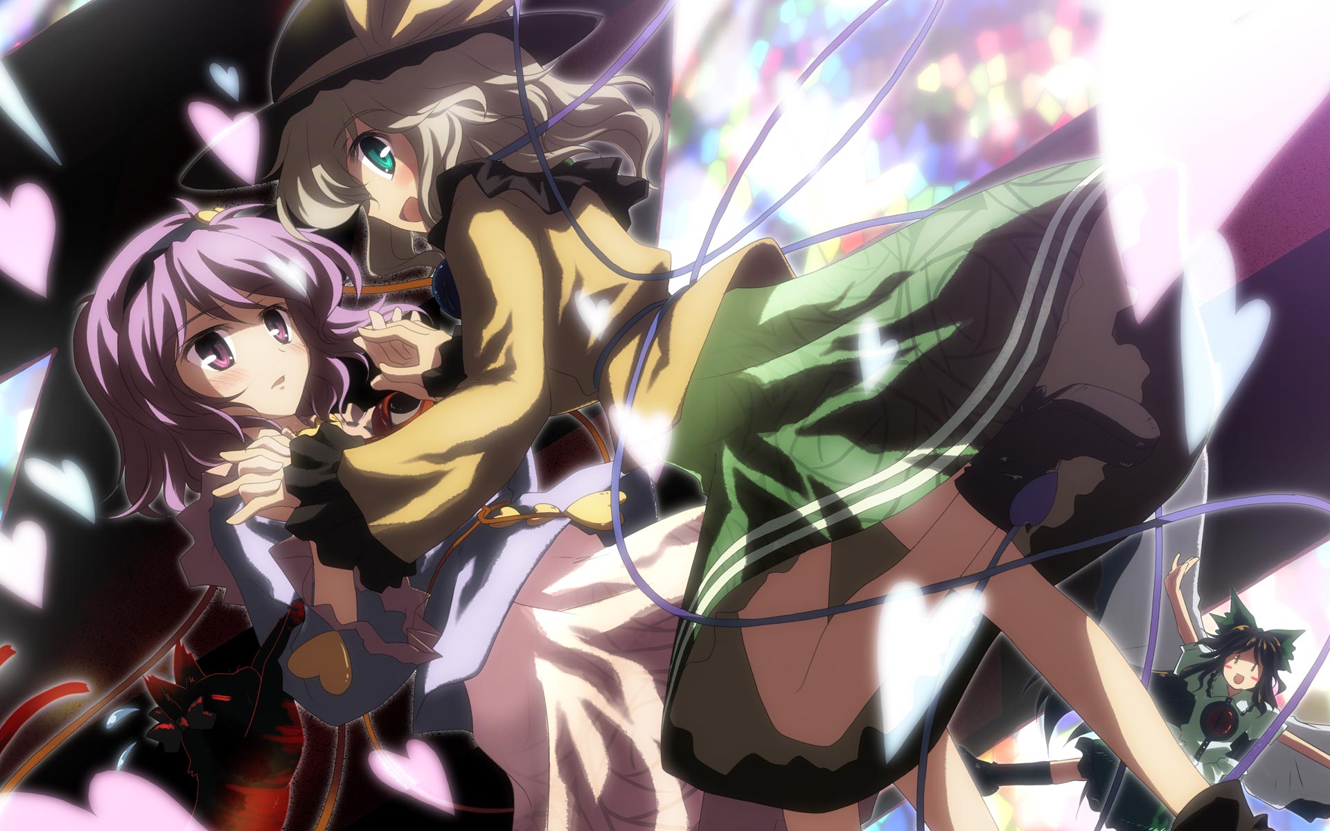 studio sdt, yuuki tatsuya, kaenbyou rin, kaenbyou rin (cat), komeiji koishi, komeiji satori, reiuji utsuho, touhou, highres, 2girls, :d, blush, cat, chireiden, female focus, frills, green eyes, hairband, hat, heart, interlocked fingers, long sleeves, multiple girls, open mouth, pink eyes, pink hair, profile, ribbon, short hair, siblings, sisters, smile, wide sleeves