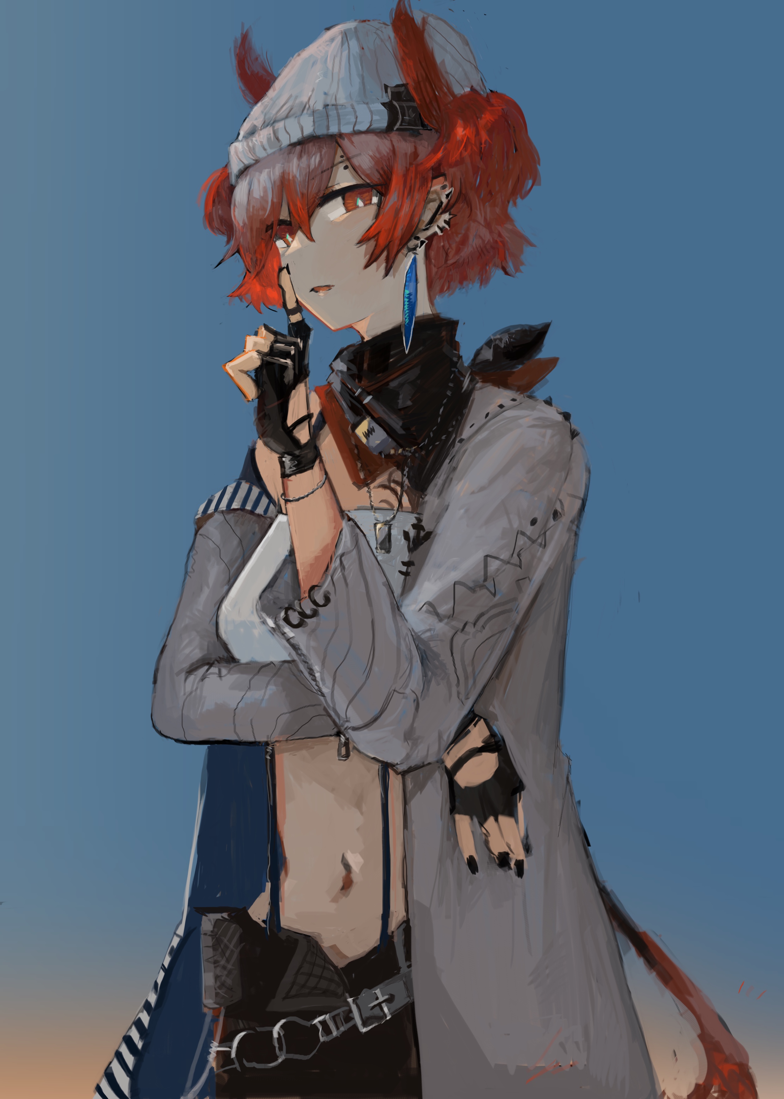 kybe-2-haizara, fiammetta (arknights), arknights, absurdres, commentary request, highres, 1girl, alternate costume, animal ears, beanie, bird ears, bird girl, black gloves, black nails, black scarf, blue background, bright pupils, chain belt, crystal earrings, earrings, feather hair, finger to mouth, fingerless gloves, gloves, hat, jewelry, midriff, navel, parted lips, red eyes, red hair, red scarf, scarf, shirt, short hair, shushing, solo, white hat, white pupils, white shirt