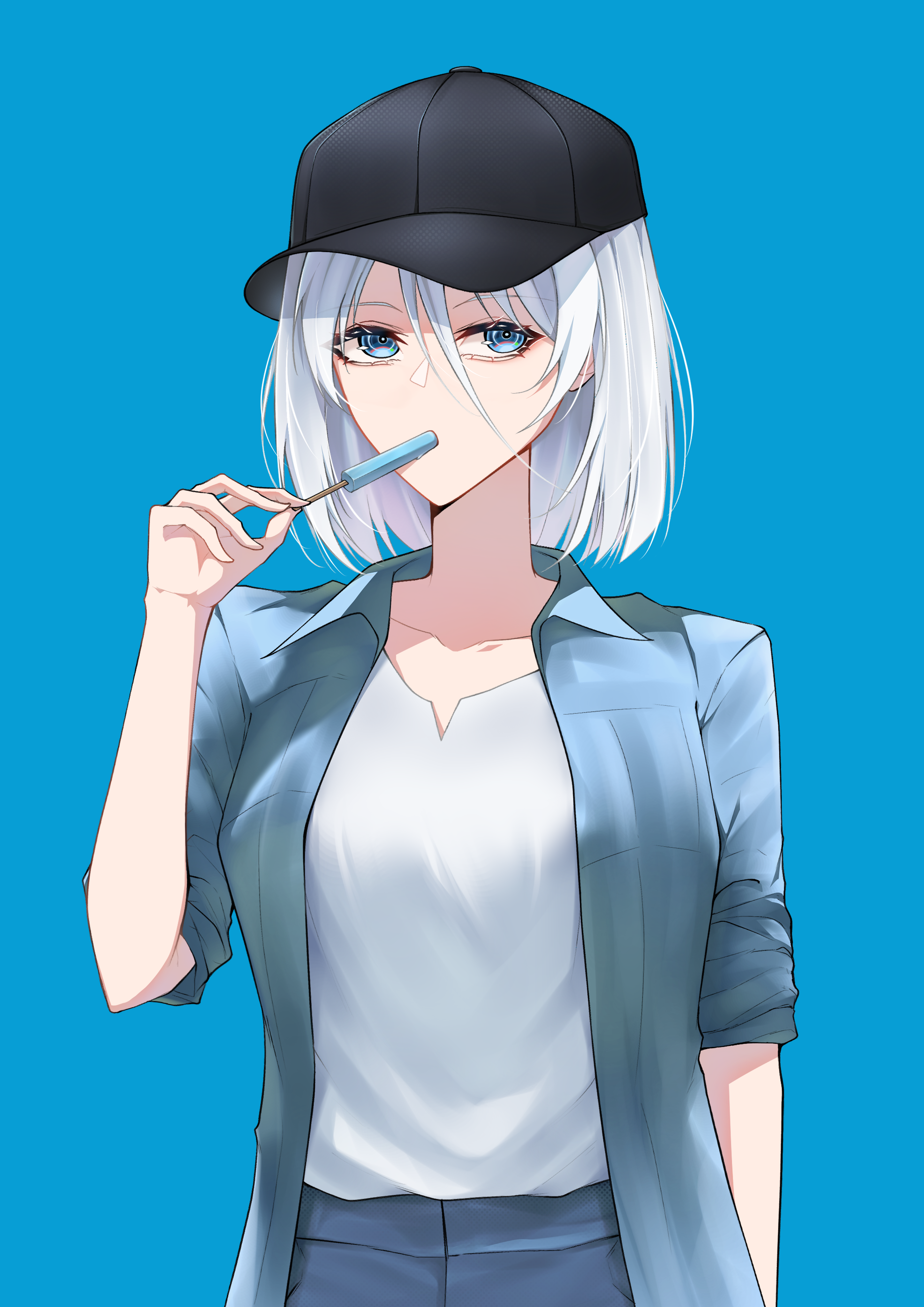 xuwasoo, tirpitz (azur lane), azur lane, absurdres, highres, 1girl, alternate costume, baseball cap, black hat, blue background, blue eyes, blue jacket, blue shorts, food, food in mouth, hat, holding, holding food, holding popsicle, jacket, looking at viewer, open clothes, open jacket, popsicle, shirt, short sleeves, shorts, simple background, upper body, white hair, white shirt