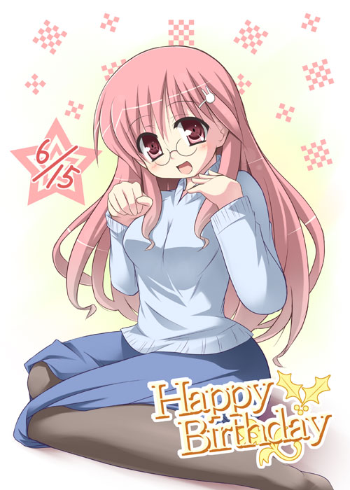 tekehiro, miyakawa hinata, lucky star, miyakawa-ke no kuufuku, jpeg artifacts, 00s, 10s, 1girl, female focus, glasses, hair ornament, hairclip, kneeling, long hair, pantyhose, pink eyes, pink hair, solo