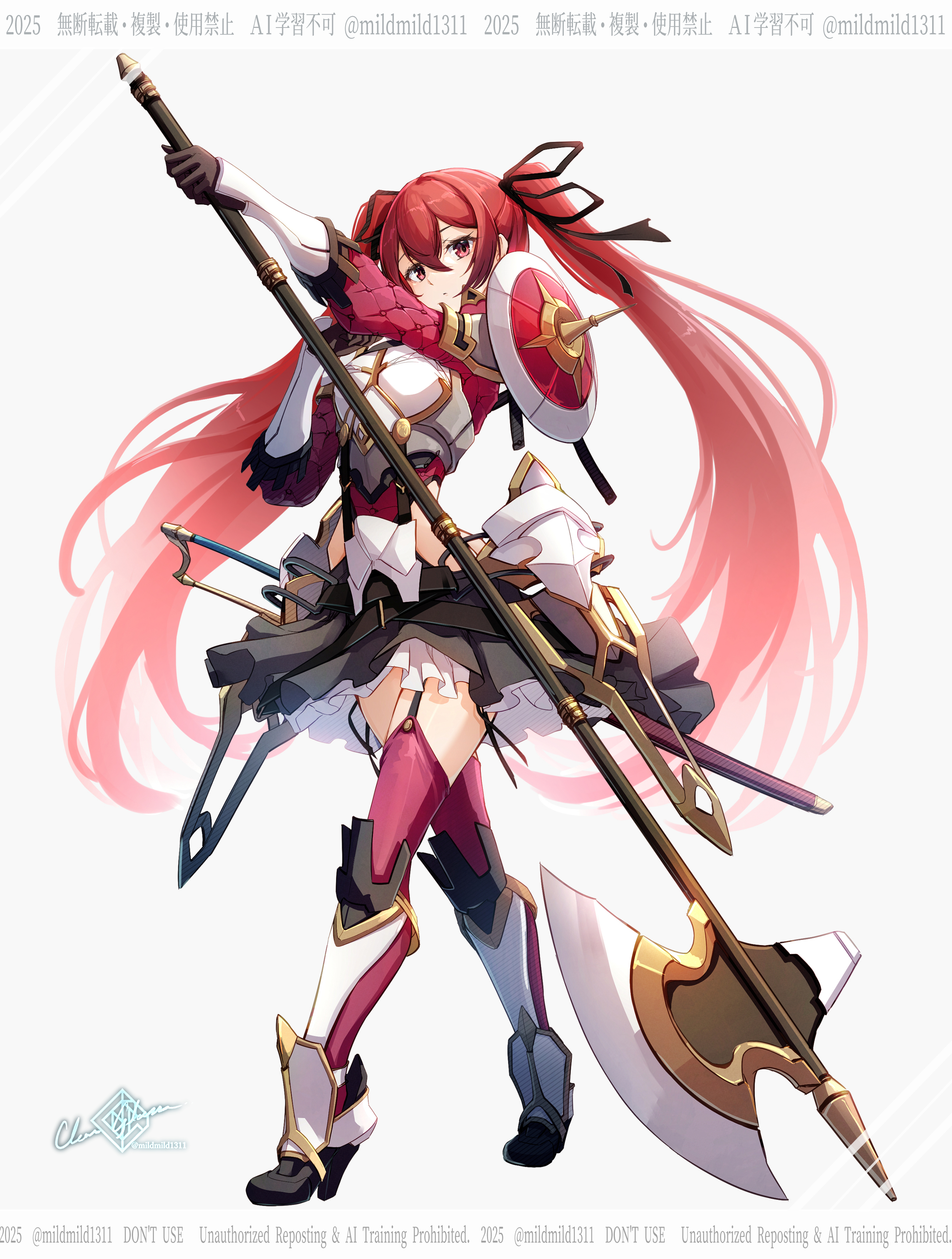 clear glass (mildmild1311), selena (fire emblem fates), fire emblem, fire emblem fates, nintendo, absurdres, highres, 1girl, alternate costume, armor, axe, battle axe, black boots, black skirt, boots, breasts, closed mouth, clothing cutout, full body, garter straps, gloves, hair ribbon, hip vent, holding, holding axe, knee boots, long hair, looking at viewer, red eyes, red hair, red thighhighs, ribbon, side cutout, simple background, skirt, solo, thighhighs, thighs, tunic, twintails, very long hair, weapon, white background