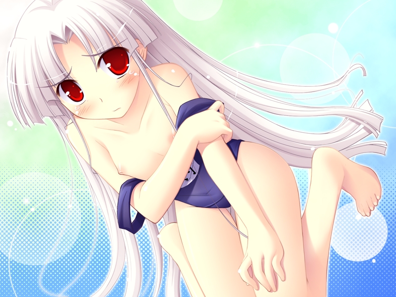 ko~cha, shikimori ibuki, happiness!, game cg, non-web source, 00s, 1girl, barefoot, clothes pull, dutch angle, female focus, flat chest, kneeling, loli, long hair, nipple slip, nipples, one-piece swimsuit, one-piece swimsuit pull, pulling own clothes, red eyes, school swimsuit, solo, swimsuit, tears, undressing, white hair
