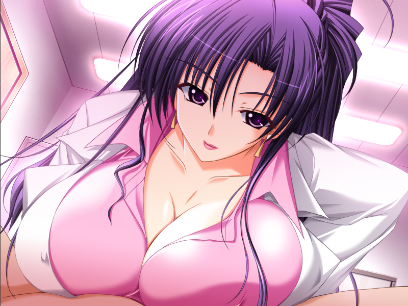 choco chip, sumeragi sayaka, atelier kaguya, nurse ni omakase, game cg, 1girl, breast press, breasts, cleavage, covered erect nipples, earrings, female focus, huge breasts, jewelry, lab coat, large breasts, lips, lipstick, makeup, ponytail, pov, purple eyes, purple hair, solo