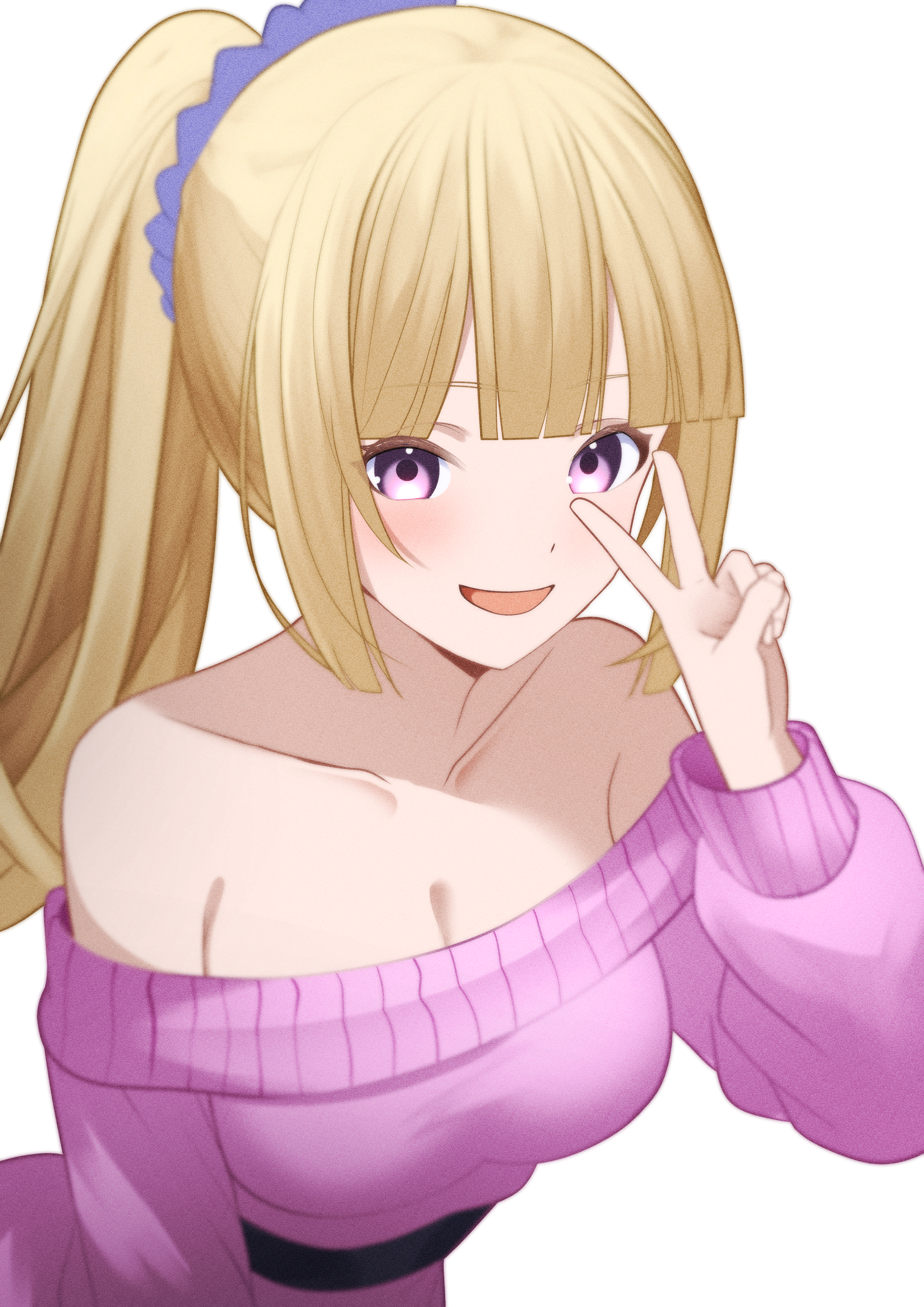 xueli shimazaki, karuizawa kei, youkoso jitsuryoku shijou shugi no kyoushitsu e, absurdres, highres, 1girl, bare shoulders, blonde hair, breasts, casual, clothing cutout, collarbone, hair ornament, hair scrunchie, long sleeves, looking at viewer, medium breasts, open mouth, ponytail, purple eyes, purple scrunchie, purple sweater, scrunchie, shoulder cutout, simple background, solo, sweater, v, white background