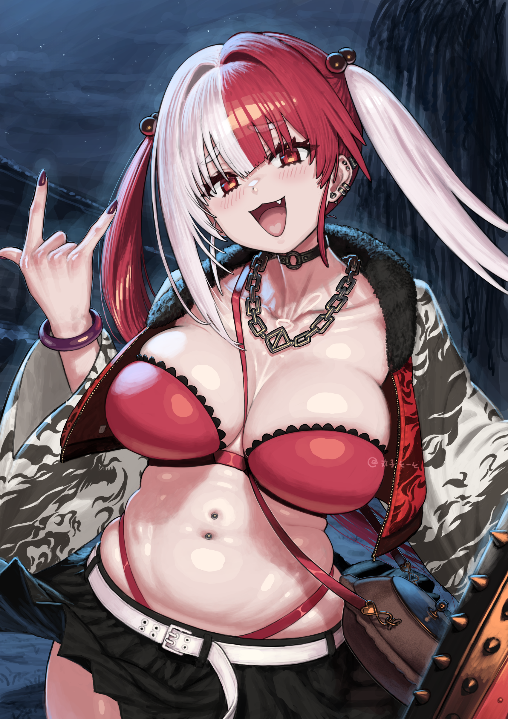 maruko tooto, matsunaga hitsuhide (fate), fate/grand order, fate (series), absurdres, highres, 1girl, belt, black skirt, blush, bra, breasts, brown eyes, chain, chain necklace, choker, cleavage, club, club (weapon), fang, fur collar, hair bobbles, hair ornament, highleg, highleg panties, jacket, jewelry, large breasts, long hair, long sleeves, looking at viewer, miniskirt, multicolored hair, navel, navel piercing, necklace, night, night sky, open mouth, panties, piercing, red bra, red hair, red jacket, red panties, skirt, sky, smile, solo, spiked club, split-color hair, thigh strap, twintails, underwear, weapon, white hair, white sleeves, wide sleeves