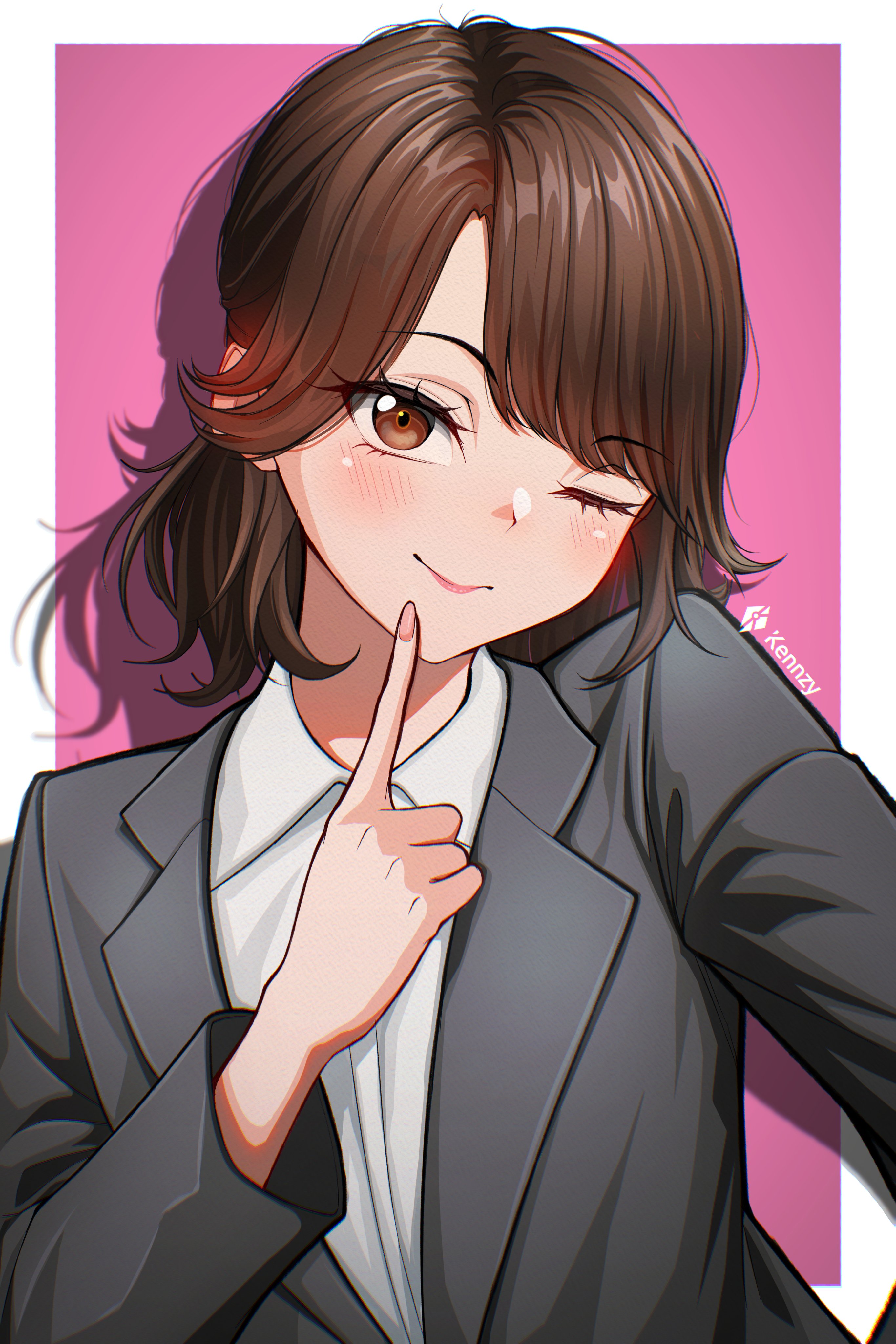 kenn artz, araki saori, real life, absurdres, highres, 1girl, ;), blush, border, brown eyes, brown hair, collared shirt, formal clothes, index finger raised, jacket, looking at viewer, office lady, one eye closed, pink background, shirt, smile, solo, suit, upper body, white border, white shirt