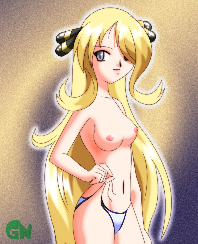 green-ninja, greenninja, shirona (pokemon), pokemon, topless, blonde hair, breasts, hair over one eye, long hair, navel, nipples, nude, panties, side-tie panties, smile, underwear, very long hair