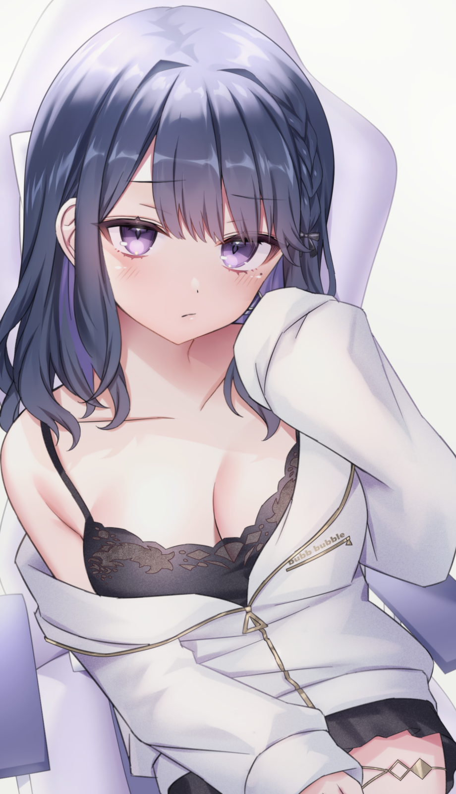 neit ni sei, koshimizu toru, nijisanji, commentary, highres, 1girl, bare shoulders, black hair, black shirt, black skirt, braid, breasts, closed mouth, collarbone, colored inner hair, jacket, long hair, long sleeves, looking at viewer, medium breasts, miniskirt, mole, mole under eye, multicolored hair, off shoulder, purple eyes, shirt, simple background, sitting, skirt, sleeveless, sleeveless shirt, solo, spaghetti strap, swivel chair, virtual youtuber, white background, white jacket, zipper pull tab