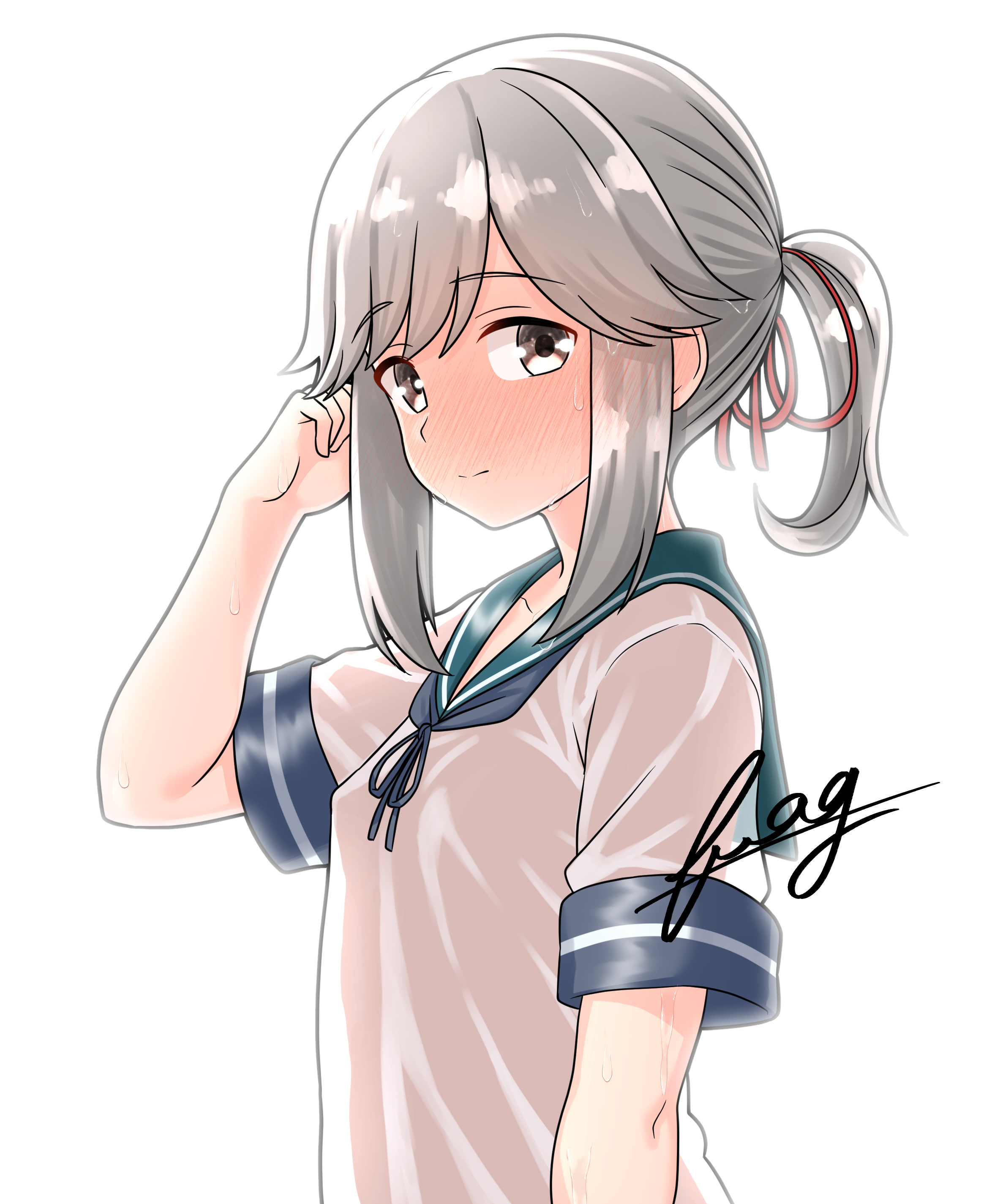 furaggu (frag 0416), usugumo (kancolle), kantai collection, absurdres, highres, 1girl, blue sailor collar, blush, breasts, brown eyes, grey hair, hair ribbon, long hair, ponytail, red ribbon, ribbon, sailor collar, school uniform, serafuku, sidelocks, small breasts, solo, upper body, wet, wet clothes