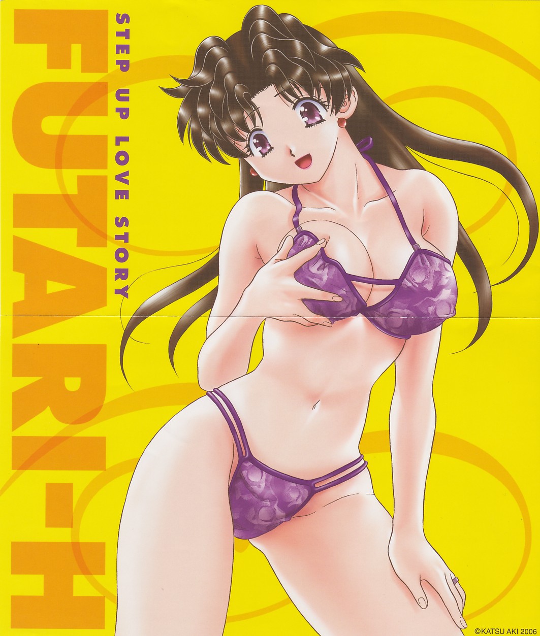 katsu aki, onoda yura, futari ecchi, highres, scan, scan artifacts, 1girl, :d, bikini, black hair, breasts, brown hair, cleavage, cover, cover page, crease, earrings, female focus, grabbing another's breast, groping, head tilt, jewelry, large breasts, lipstick, long hair, makeup, navel, open mouth, pinup (style), purple bikini, purple eyes, ring, smile, solo, standing, swimsuit, wavy hair