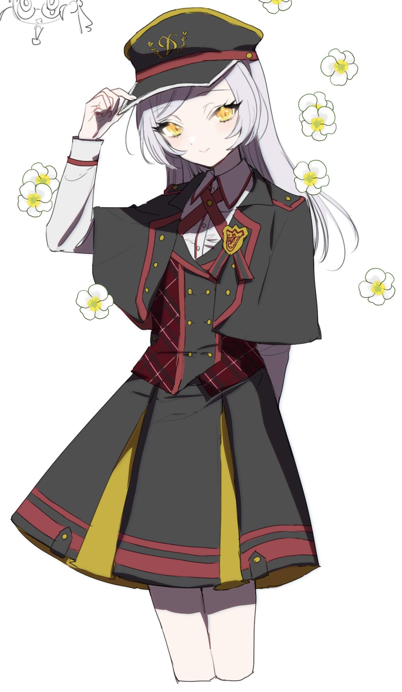 eurasia (wtp09ptw14), original, commentary request, highres, 1girl, adjusting clothes, adjusting headwear, black hat, black jacket, black skirt, buttons, closed mouth, collared shirt, cropped legs, hat, jacket, long hair, long sleeves, looking at viewer, parted bangs, peaked cap, shirt, sketch, skirt, smile, solo, white background, white hair, yellow eyes