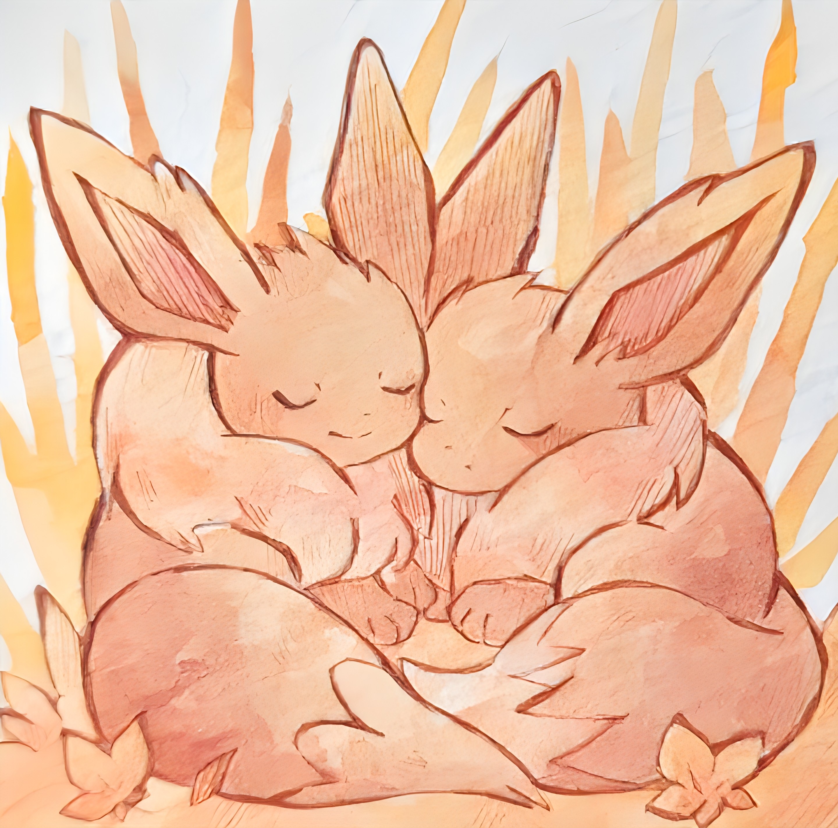 rai (rai kw), eevee, nintendo, pokemon, absurdres, highres, animal focus, autumn leaves, blush, brown fur, closed eyes, closed mouth, gen 1 pokemon, leaf, no humans, pokemon (creature), pokemon focus, sleeping, smile, tail
