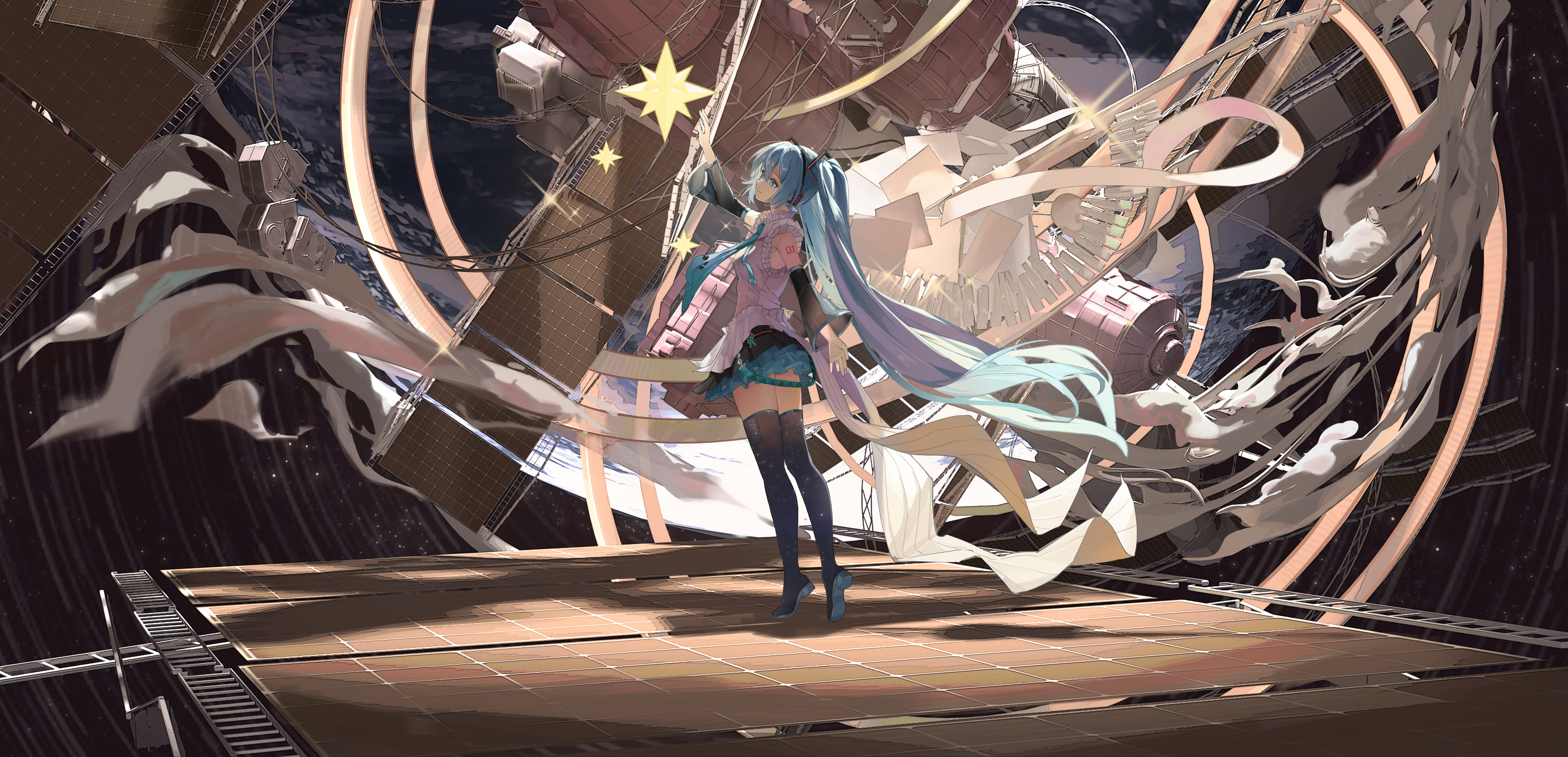sercet, hatsune miku, vocaloid, absurdres, highres, 1girl, 39, absurdly long hair, aqua eyes, aqua hair, aqua trim, arm tattoo, black skirt, boots, collared shirt, detached sleeves, frilled shirt, frills, hair ornament, hatsune miku happy 16th birthday -dear creators-, long hair, long sleeves, looking up, number tattoo, pleated skirt, shirt, skirt, sleeveless, sleeveless shirt, smile, solo, tattoo, thigh boots, thighhighs, twintails, very long hair, wide sleeves, zettai ryouiki