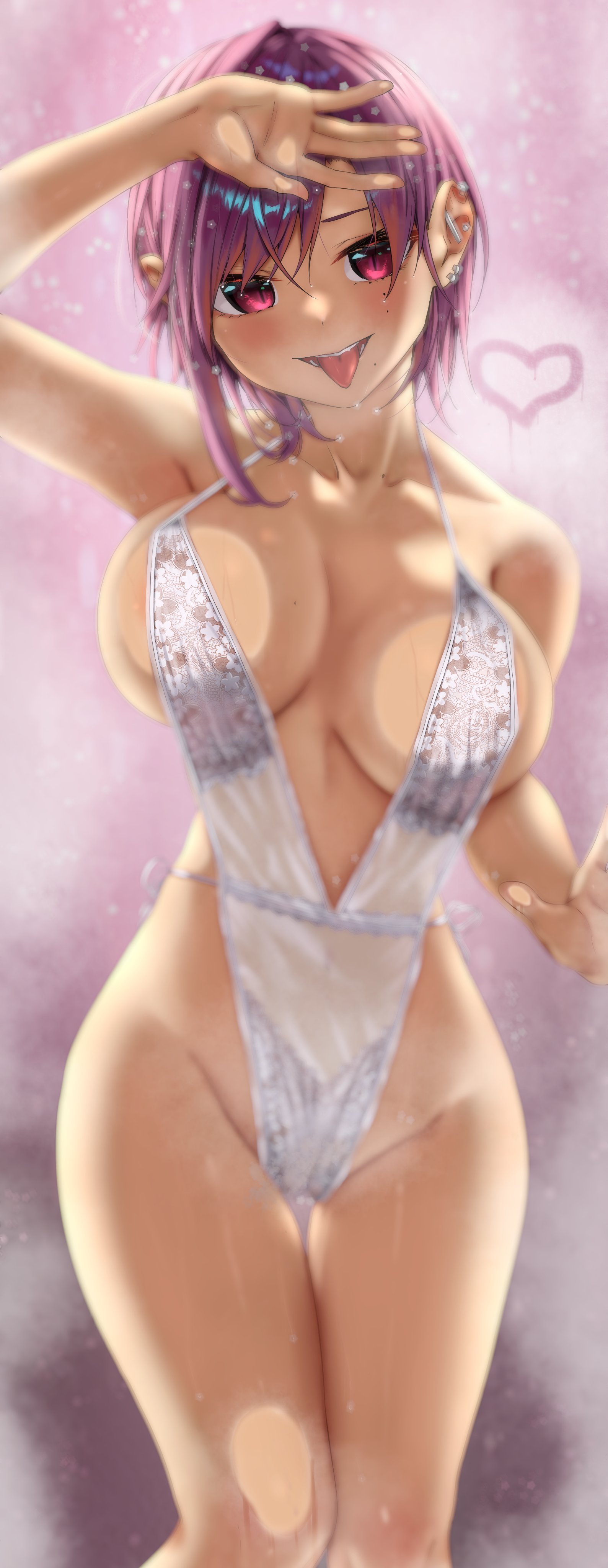 sahara386, hebizono kyouko, kamikakushi no eden, absurdres, commentary request, highres, 1girl, against fourth wall, blush, breast press, breasts, feet out of frame, frosted glass, large breasts, looking at viewer, one-piece swimsuit, open mouth, plunging neckline, purple hair, red eyes, short hair, smile, solo, swimsuit, tongue, tongue out, white one-piece swimsuit