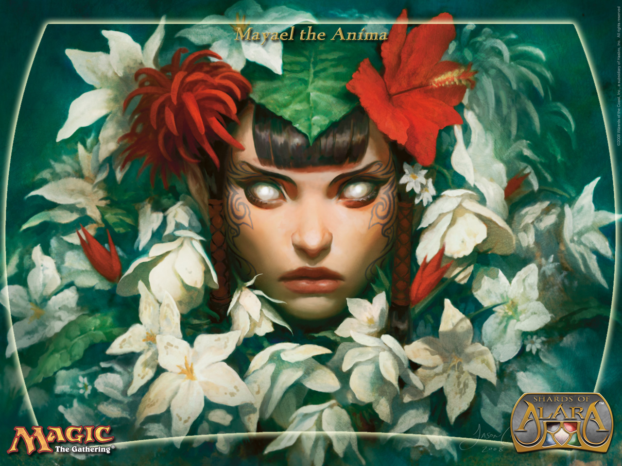 mayael the anima, magic: the gathering, elf, flower, lipstick, makeup, pointy ears, white eyes