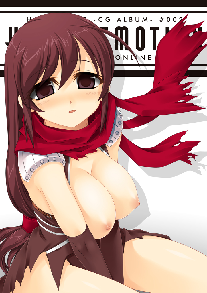 kinoshita ichi, assassin cross (ragnarok online), ragnarok online, 1girl, armor, assassin, belt, black gloves, blush, breasts, breasts out, brown eyes, brown hair, elbow gloves, female focus, gloves, large breasts, long hair, looking at viewer, nipples, parted lips, scarf, shoulder pads, sitting, solo, v arms