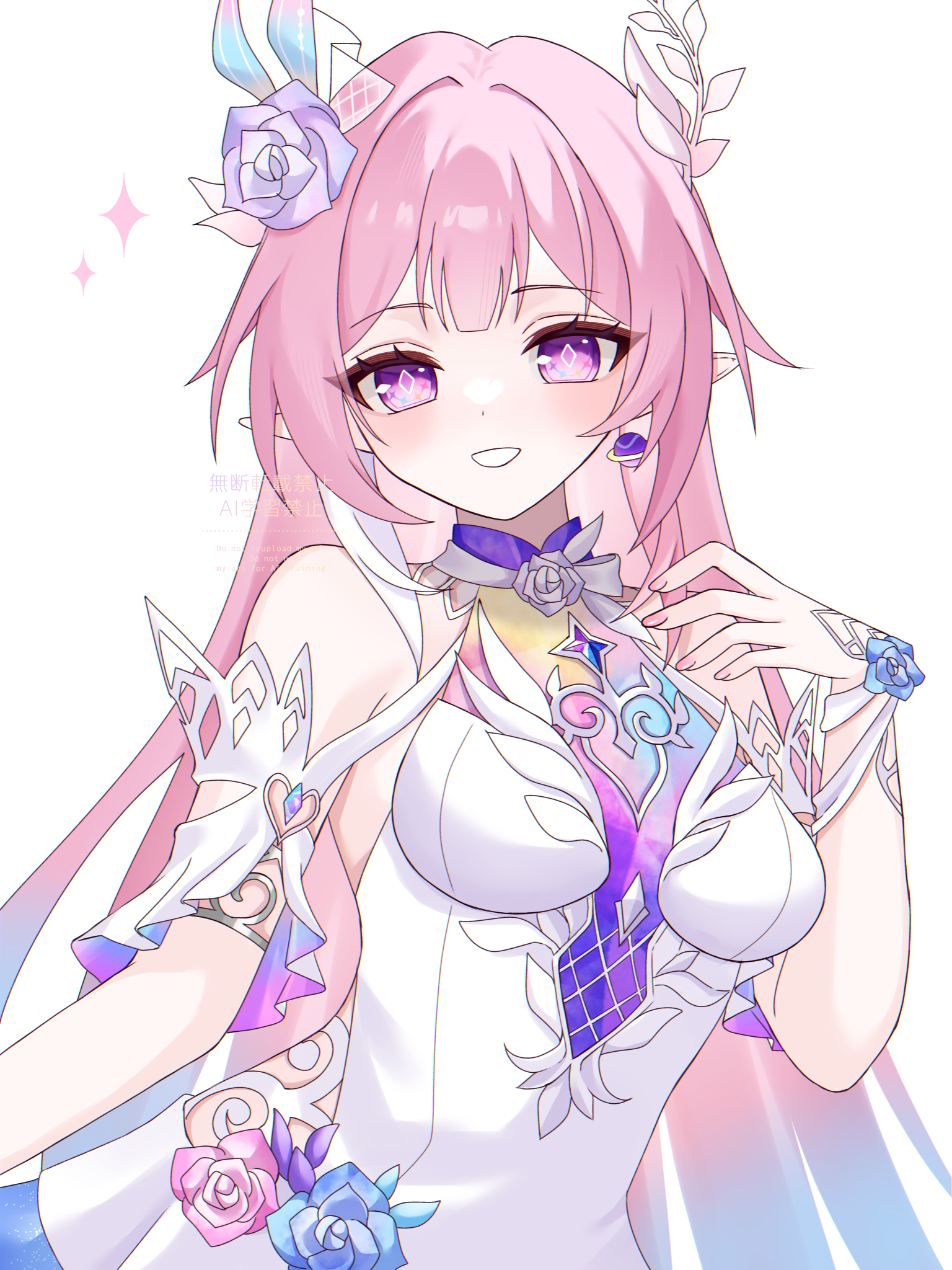 kino (curry pan), cyrene (honkai: star rail), cyrene (ripples of past reverie) (honkai: star rail), honkai: star rail, honkai (series), commentary request, highres, partial commentary, revision, 1girl, bare shoulders, blue hair, blush, breasts, diamond-shaped pupils, diamond (shape), dress, earrings, flower, gradient hair, hair flower, hair ornament, halo, jewelry, large breasts, long hair, looking at viewer, multicolored hair, open mouth, pink hair, pointy ears, purple eyes, simple background, solo, symbol-shaped pupils, two-tone hair, very long hair, white background, white dress