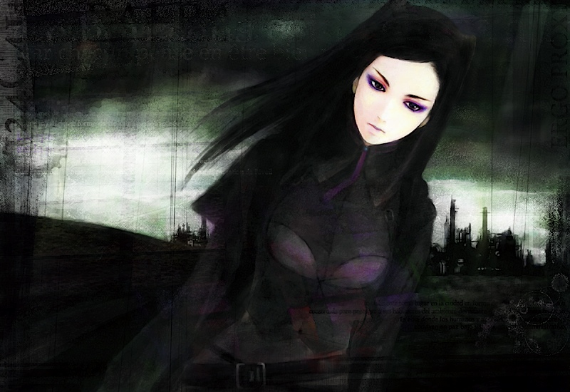 fm77 (artist), re-l mayer, ergo proxy, 00s, 1girl, black hair, eyeshadow, female focus, long hair, makeup, solo