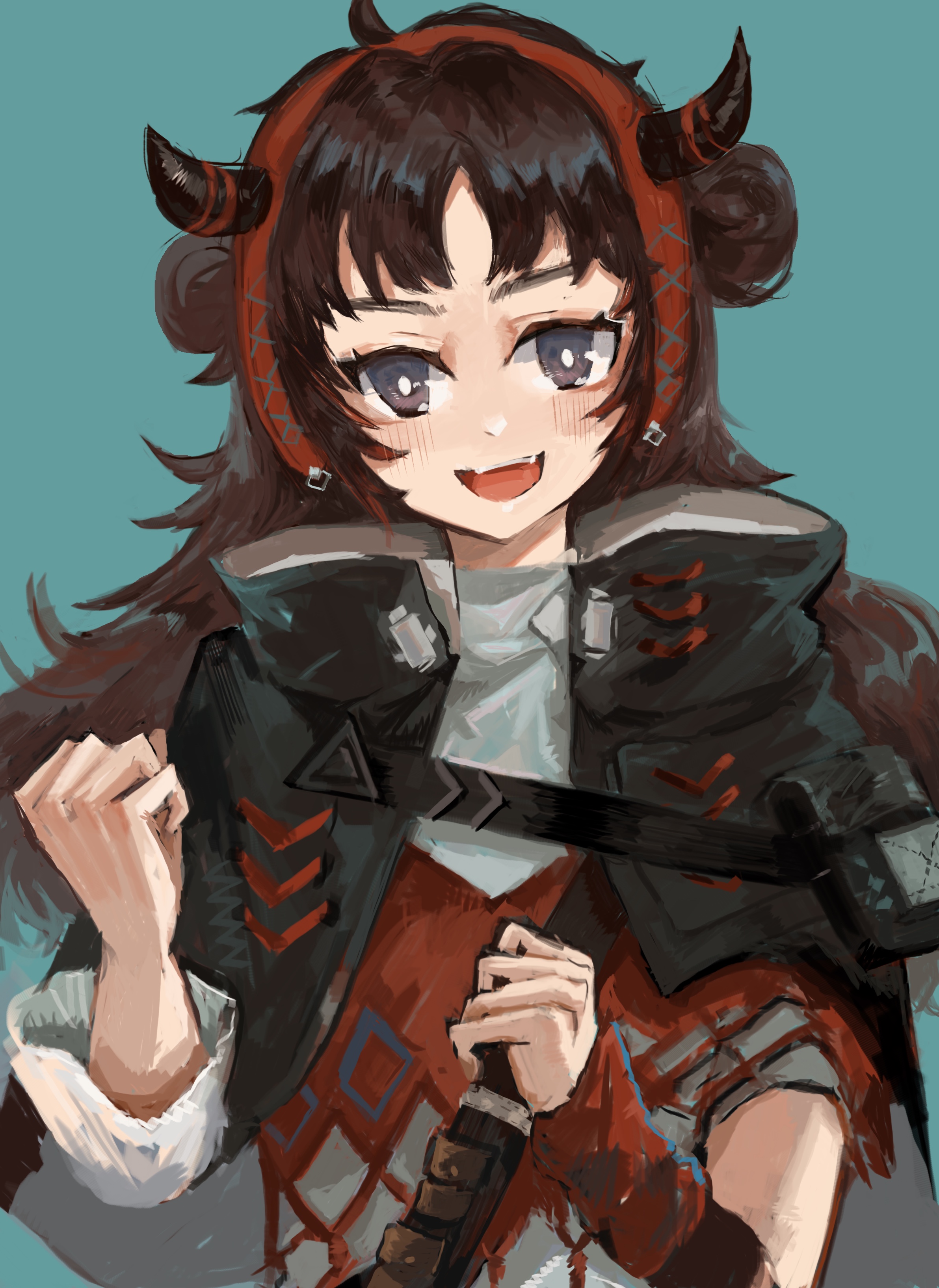 kybe-2-haizara, paprika (arknights), arknights, absurdres, commentary request, highres, 1girl, black eyes, blush, bright pupils, brown hair, demon horns, double bun, hair bun, horns, long hair, looking at viewer, open mouth, simple background, solo, teeth, upper teeth only, white pupils