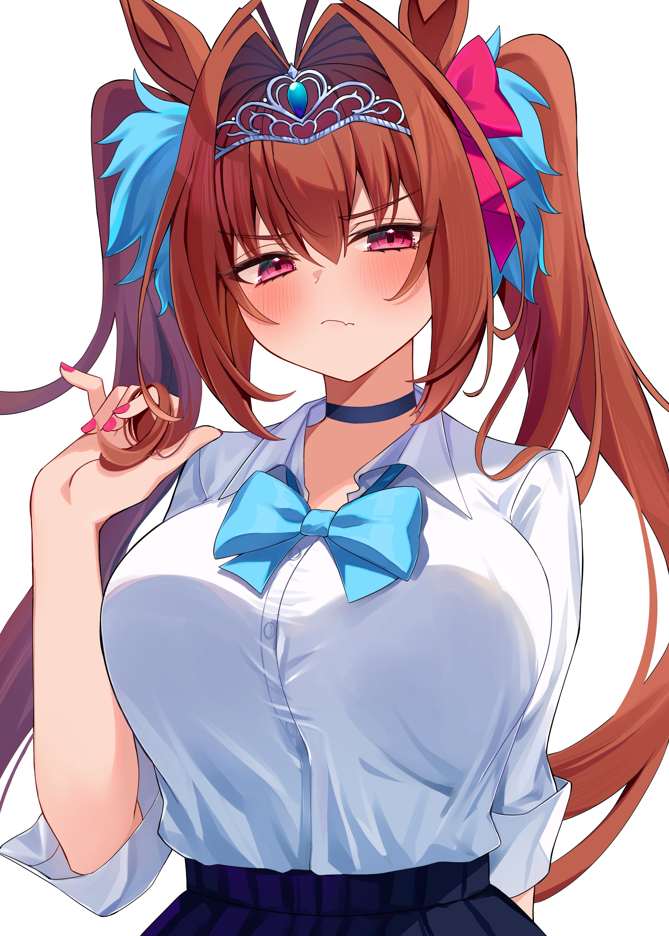 kaoru (h8qm9), daiwa scarlet (umamusume), umamusume, absurdres, highres, 1girl, animal ears, blue bow, blue choker, blue skirt, blush, bow, breasts, brown hair, choker, closed mouth, collared shirt, fang, hair between eyes, hair intakes, horse ears, horse girl, large breasts, long hair, looking at viewer, pleated skirt, red eyes, school uniform, shirt, simple background, skin fang, skirt, solo, tiara, twintails, upper body, very long hair, white background, white shirt