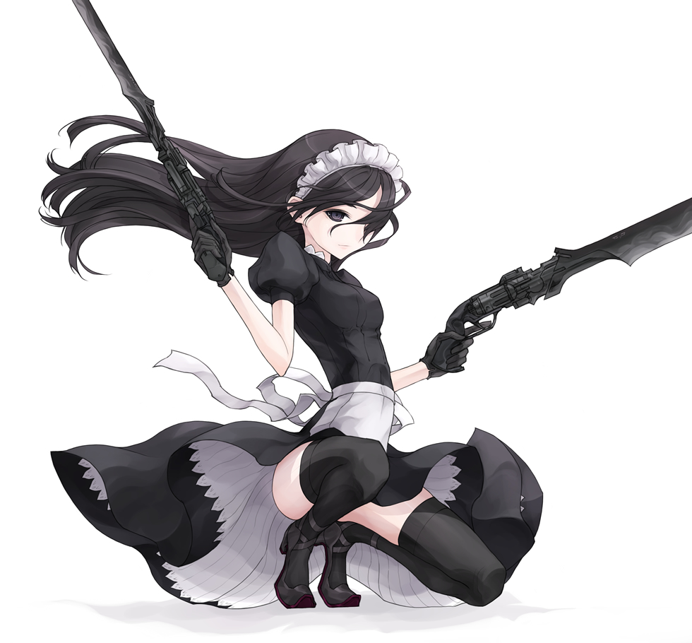 kazuoki, original, 1girl, apron, black eyes, black hair, black thighhighs, combat maid, dual wielding, female focus, gloves, gun, gunblade, hair over one eye, holding, holding gun, holding weapon, long hair, maid, maid apron, maid headdress, rifle, simple background, solo, squatting, thighhighs, tiptoes, trigger discipline, upskirt, weapon, zettai ryouiki