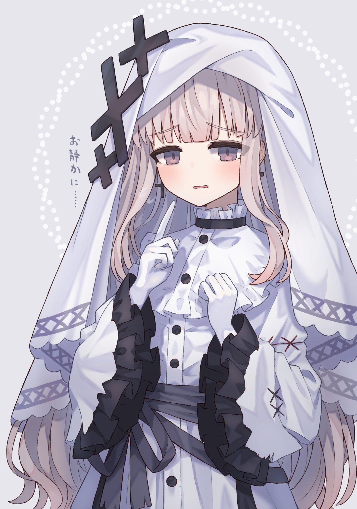 akatanotaki, hikami meruru, mahou shoujo no majo saiban, commentary request, highres, 1girl, blonde hair, blunt bangs, cross, cross earrings, dress, earrings, frilled dress, frilled sleeves, frills, gloves, grey background, hands up, jewelry, long hair, long sleeves, looking at viewer, magical girl, open mouth, priestess, purple eyes, solo, tearing up, upper body, veil, white dress, white gloves, white veil