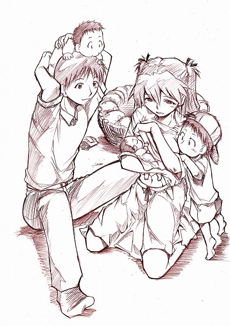 ikari shinji, souryuu asuka langley, neon genesis evangelion, 1girl, 3boys, aged up, baby, breastfeeding, child, couple, family, hetero, if they mated, multiple boys