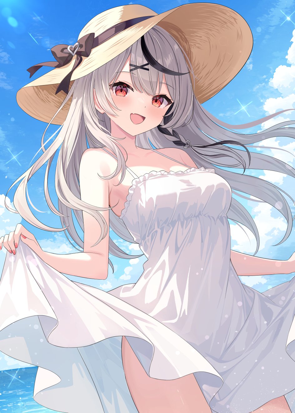 adju ster, sakamata chloe, hololive, hololive english, commentary request, highres, 1girl, :d, bare arms, black bow, black hair, blush, bow, braid, breasts, clothes lift, cloud, collarbone, cowboy shot, day, dress, dress lift, fang, grey hair, hair ornament, hat, hat bow, heart, heart hair ornament, lifting own clothes, light particles, long hair, looking at viewer, medium breasts, multicolored hair, ocean, open mouth, outdoors, red eyes, red nails, single braid, skin fang, sky, sleeveless, sleeveless dress, smile, solo, straw hat, streaked hair, sun hat, sundress, virtual youtuber, white dress, x hair ornament