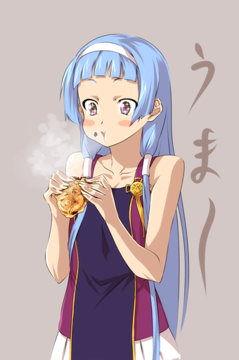 nekomamire, nagi, kannagi, 00s, 1girl, blunt bangs, female focus, food, hair tubes, pleated skirt, skirt, solo, taiyaki, wagashi, white skirt