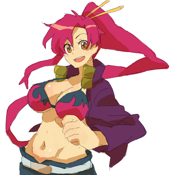 tsuu (tu-3), yoko littner, tengen toppa gurren lagann, bad id, bad pixiv id, 00s, belt, chopsticks, jacket, midriff, orange eyes, ponytail, smile, solo