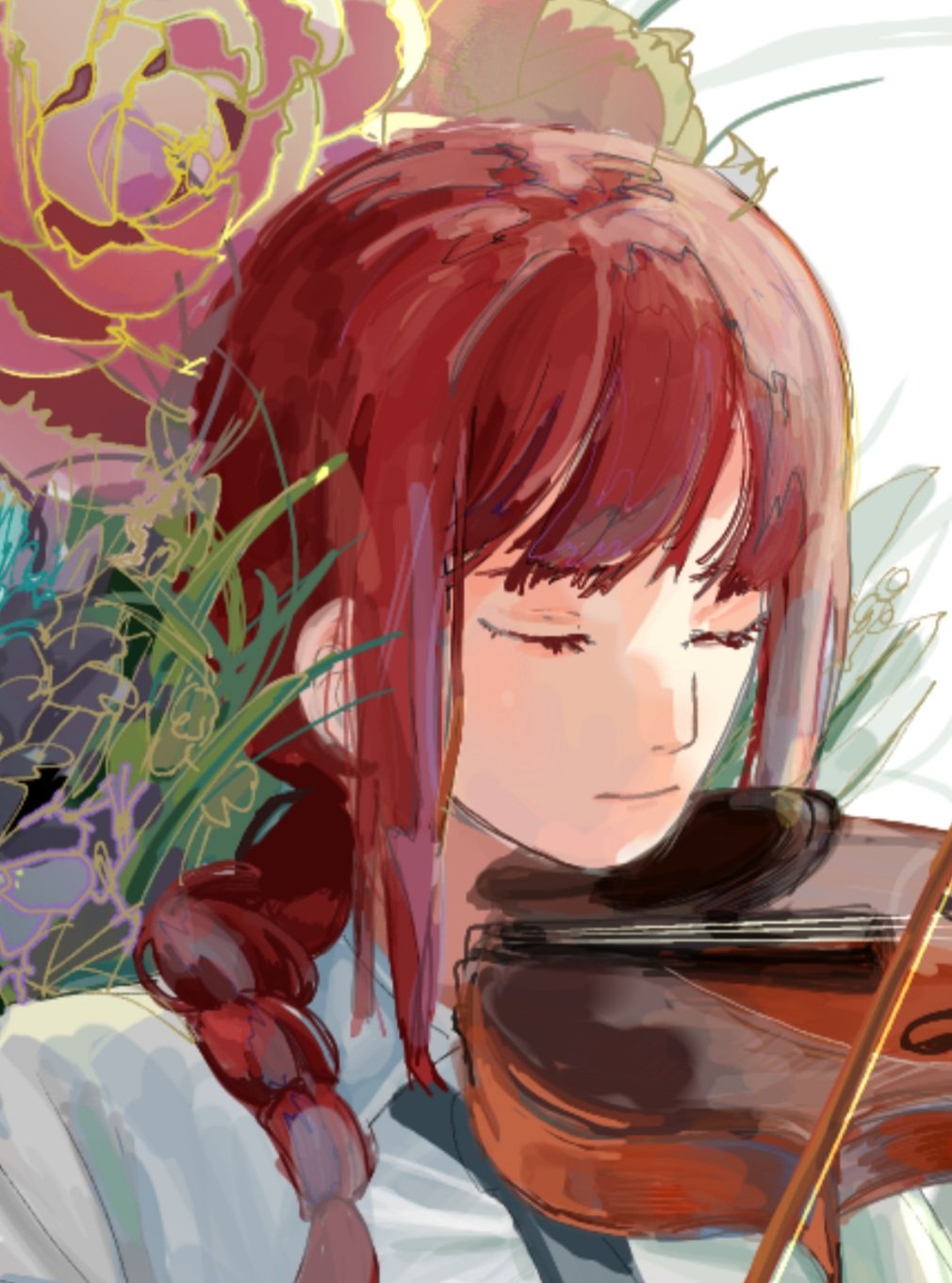 kuno (9 1 kuno ichi), makima (chainsaw man), chainsaw man, commentary request, cropped, highres, 1girl, black necktie, bow (music), braid, closed eyes, closed mouth, collared shirt, flower, hair over shoulder, holding, holding bow (music), holding instrument, holding violin, instrument, long hair, music, necktie, playing instrument, red hair, shirt, violin, white shirt