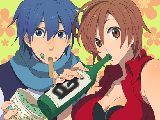 tsuu (tu-3), kaito (vocaloid), meiko (vocaloid), vocaloid, bad id, bad pixiv id, 1boy, 1girl, alcohol, blue eyes, blue hair, blue scarf, breasts, brown eyes, brown hair, cleavage, couple, cup, food, food on face, hetero, ice cream, ice cream cup, ice cream on face, large breasts, sake, scarf, short hair, upper body