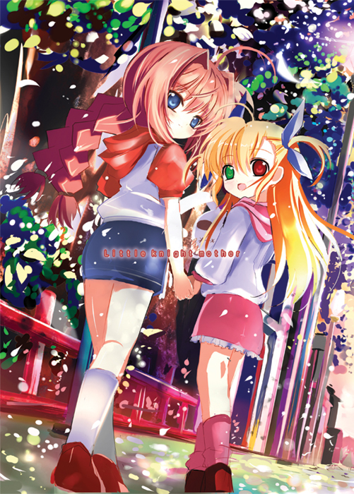 vita (nanoha), vivio, lyrical nanoha, mahou shoujo lyrical nanoha, 00s, 2girls, blush, bridge, dappled sunlight, from behind, green eyes, hetero, heterochromia, holding hands, looking back, multiple girls, outdoors, pink hair, plant, railing, red eyes, sunlight, tree, walking