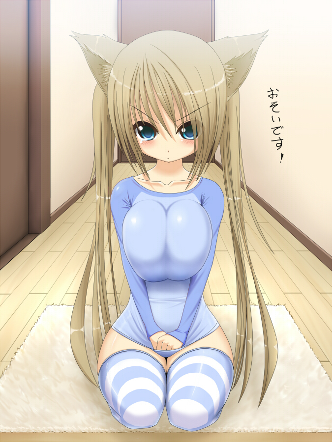 shuz (dodidu), original, translated, 1girl, angry, animal ears, blue eyes, blush, breasts, breasts squeezed together, brown hair, cat ears, covering crotch, covering privates, female focus, huge breasts, impossible clothes, impossible shirt, kneeling, large breasts, long hair, raglan sleeves, shirt, shirt tug, solo, striped clothes, striped thighhighs, tears, thighhighs