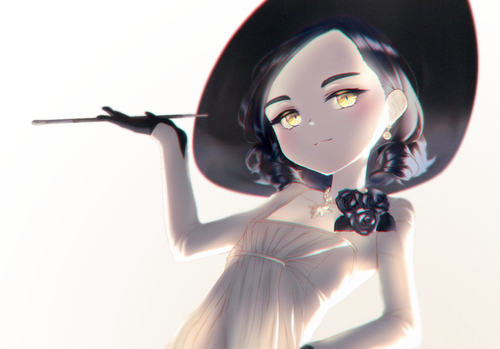 captaintcher, alcina dimitrescu, resident evil, resident evil village, 1girl, aged down, black hair, dress, drill hair, flat chest, gloves, hat, holding, holding smoking pipe, looking at viewer, smile, smoking pipe, solo, twin drills, yellow eyes