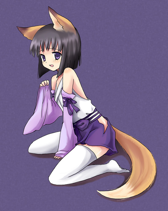 teu (navy), machi youko, bokurano, bad id, bad pixiv id, 1girl, animal ears, black hair, detached sleeves, female focus, fox ears, fox tail, japanese clothes, kneeling, purple eyes, short hair, solo, tail, thighhighs, white thighhighs